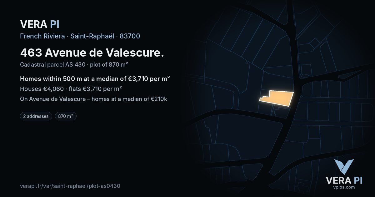 463 Avenue de Valescure, Saint-Raphaël at night – the plot lit, the parcels around coloured by the prices near them