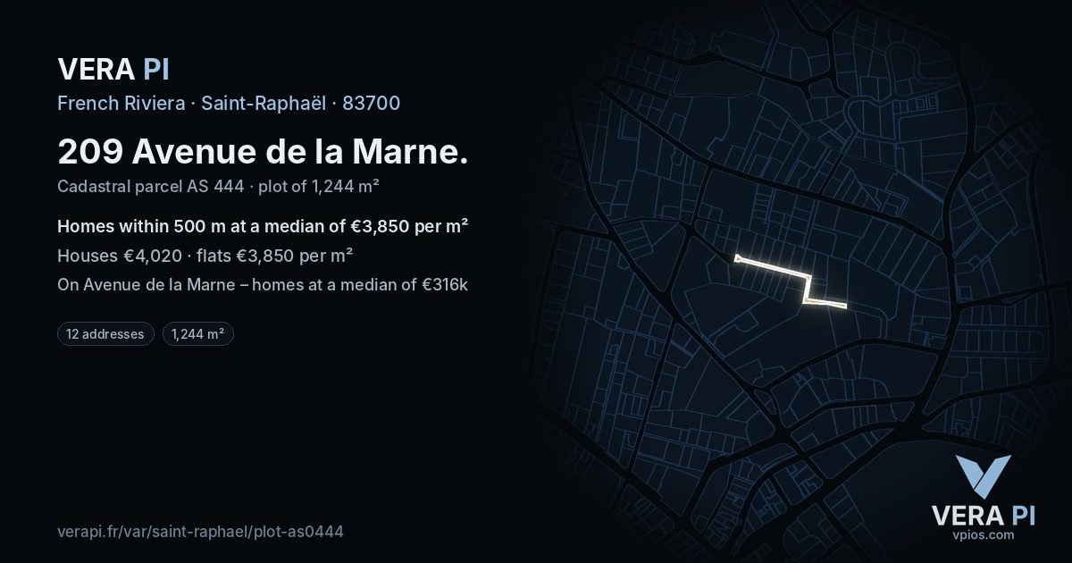 209 Avenue de la Marne, Saint-Raphaël at night – the plot lit, the parcels around coloured by the prices near them