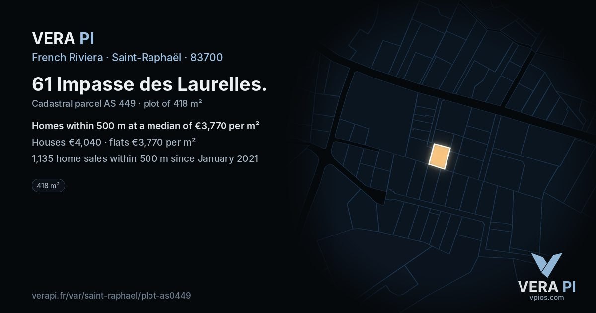 61 Impasse des Laurelles, Saint-Raphaël at night – the plot lit, the parcels around coloured by the prices near them