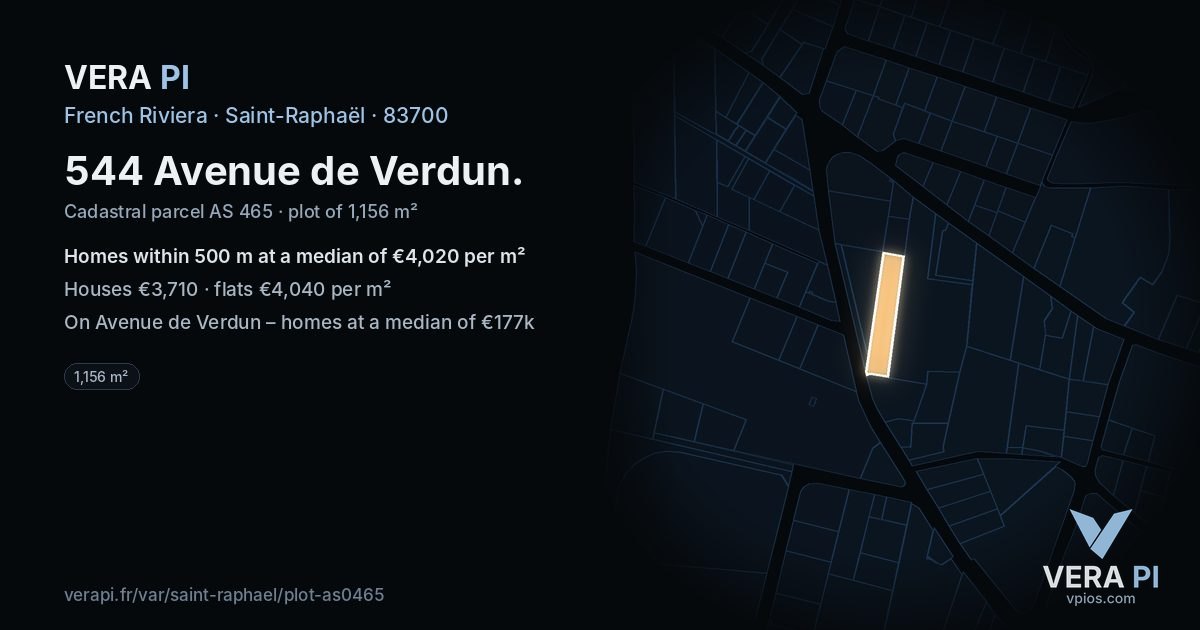 544 Avenue de Verdun, Saint-Raphaël at night – the plot lit, the parcels around coloured by the prices near them