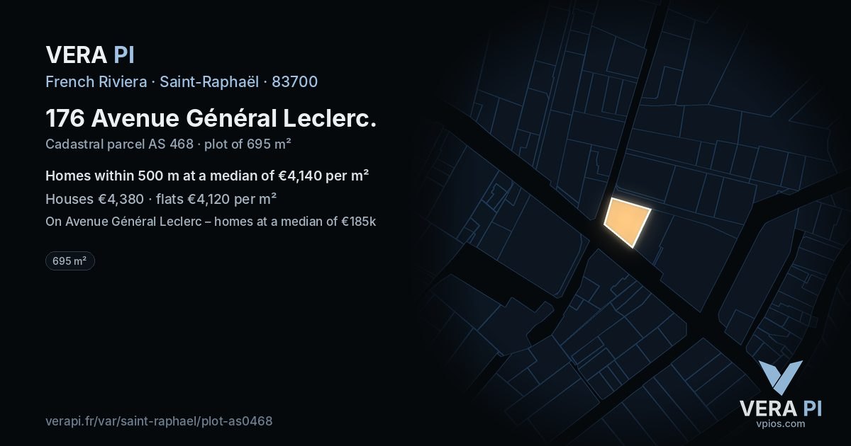 176 Avenue Général Leclerc, Saint-Raphaël at night – the plot lit, the parcels around coloured by the prices near them