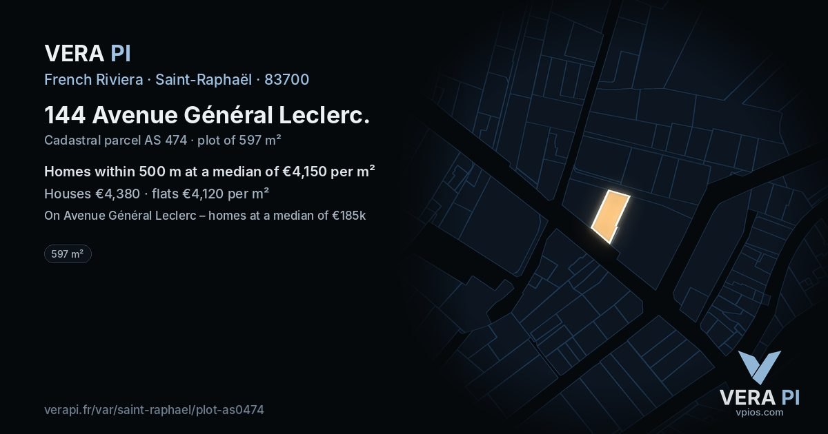 144 Avenue Général Leclerc, Saint-Raphaël at night – the plot lit, the parcels around coloured by the prices near them