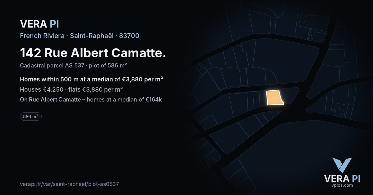 142 Rue Albert Camatte, Saint-Raphaël at night – the plot lit, the parcels around coloured by the prices near them