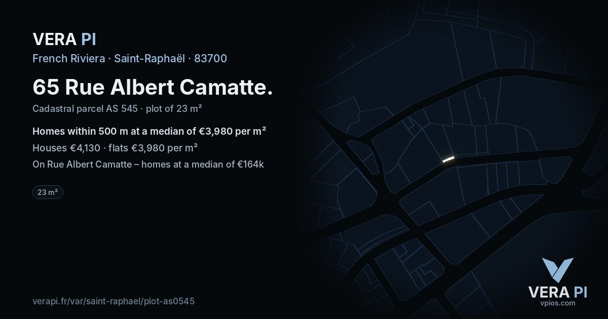 65 Rue Albert Camatte, Saint-Raphaël at night – the plot lit, the parcels around coloured by the prices near them