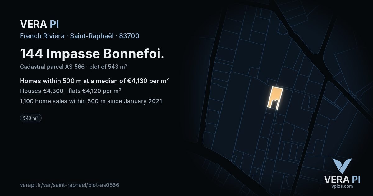 144 Impasse Bonnefoi, Saint-Raphaël at night – the plot lit, the parcels around coloured by the prices near them