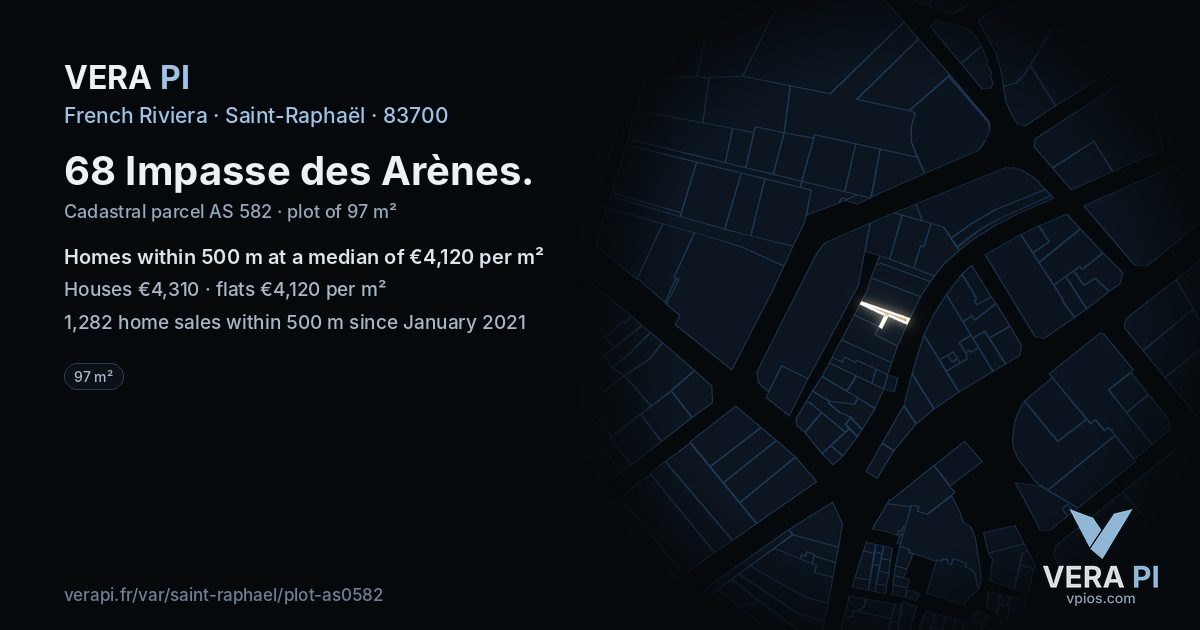 68 Impasse des Arènes, Saint-Raphaël at night – the plot lit, the parcels around coloured by the prices near them