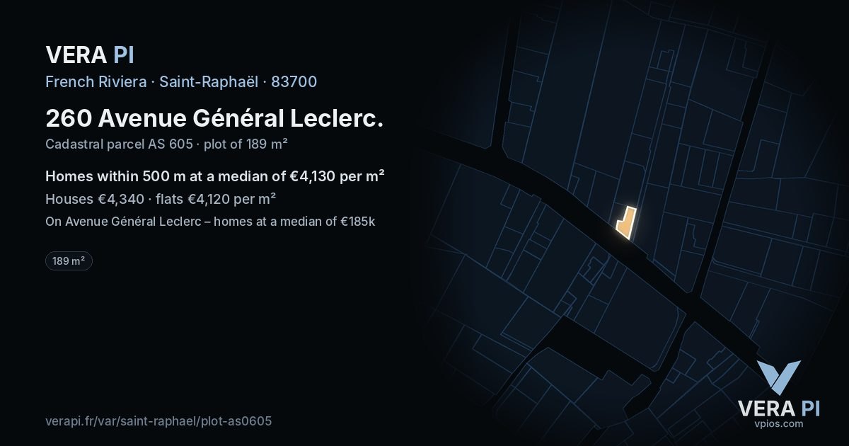260 Avenue Général Leclerc, Saint-Raphaël at night – the plot lit, the parcels around coloured by the prices near them
