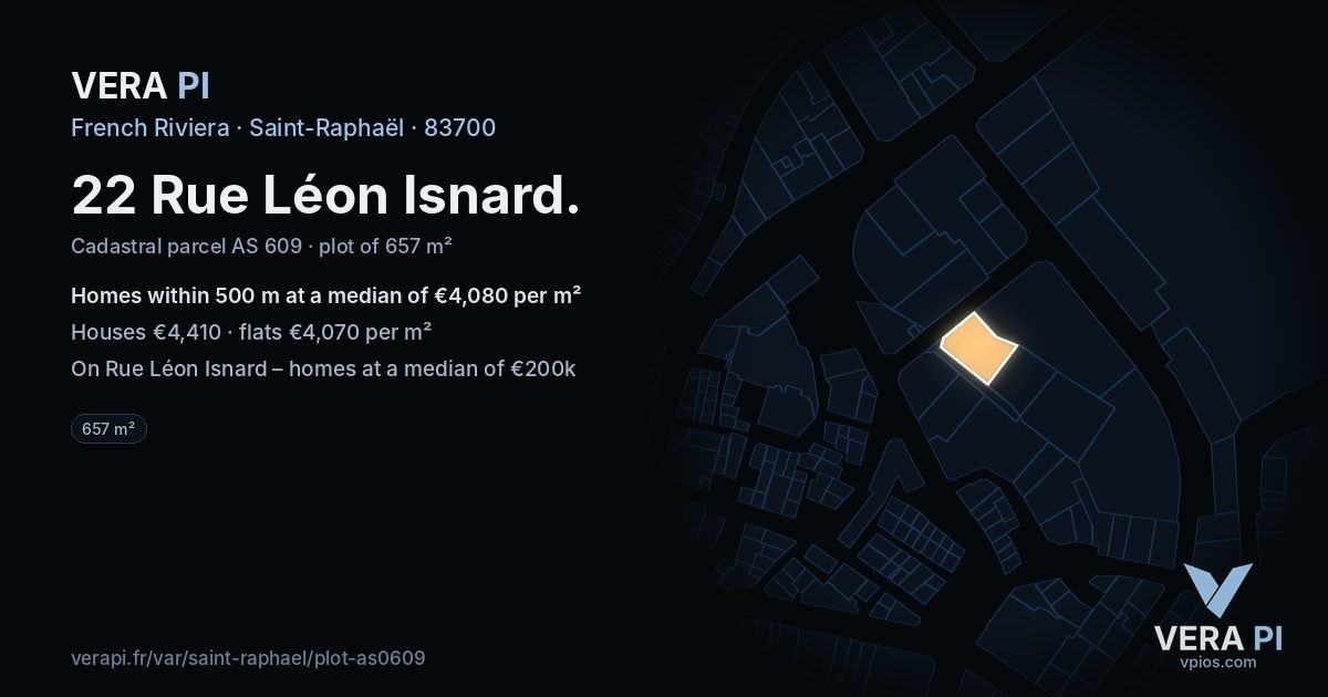 22 Rue Léon Isnard, Saint-Raphaël at night – the plot lit, the parcels around coloured by the prices near them