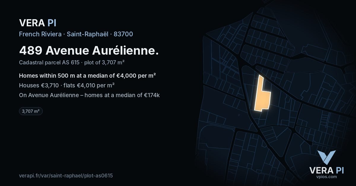489 Avenue Aurélienne, Saint-Raphaël at night – the plot lit, the parcels around coloured by the prices near them
