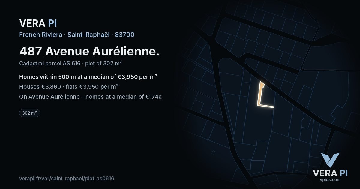 487 Avenue Aurélienne, Saint-Raphaël at night – the plot lit, the parcels around coloured by the prices near them