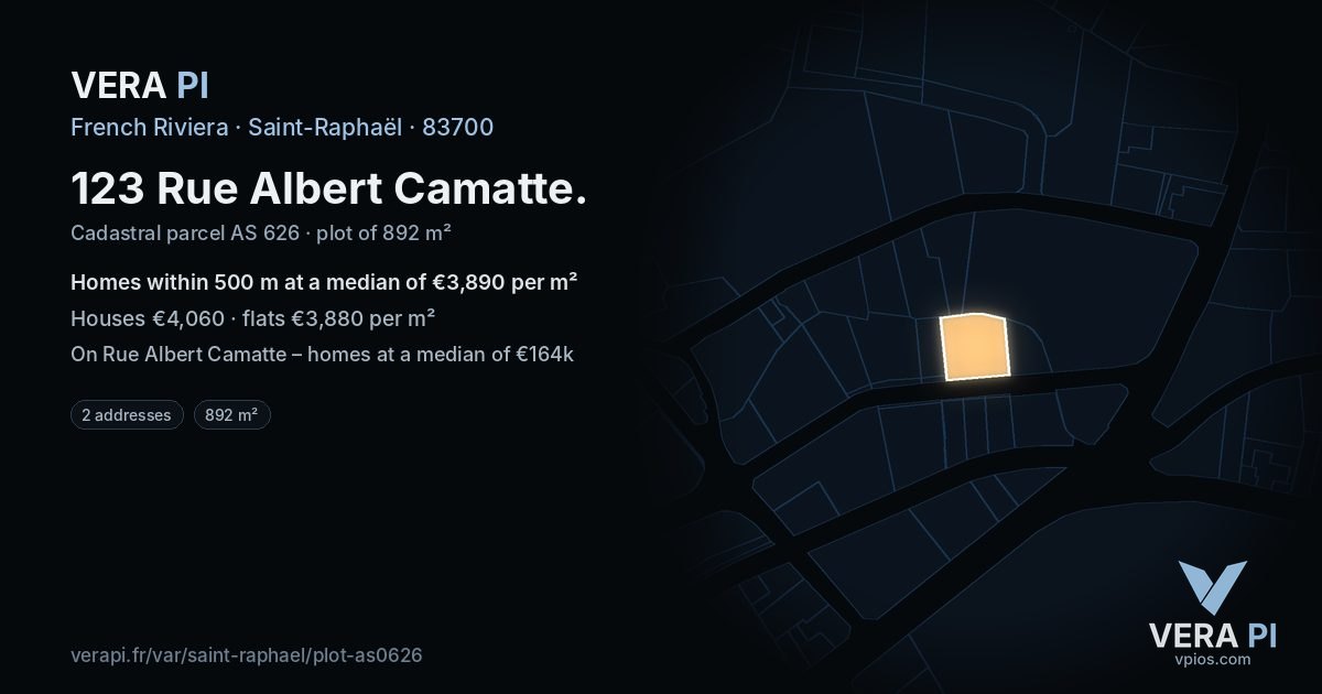 123 Rue Albert Camatte, Saint-Raphaël at night – the plot lit, the parcels around coloured by the prices near them