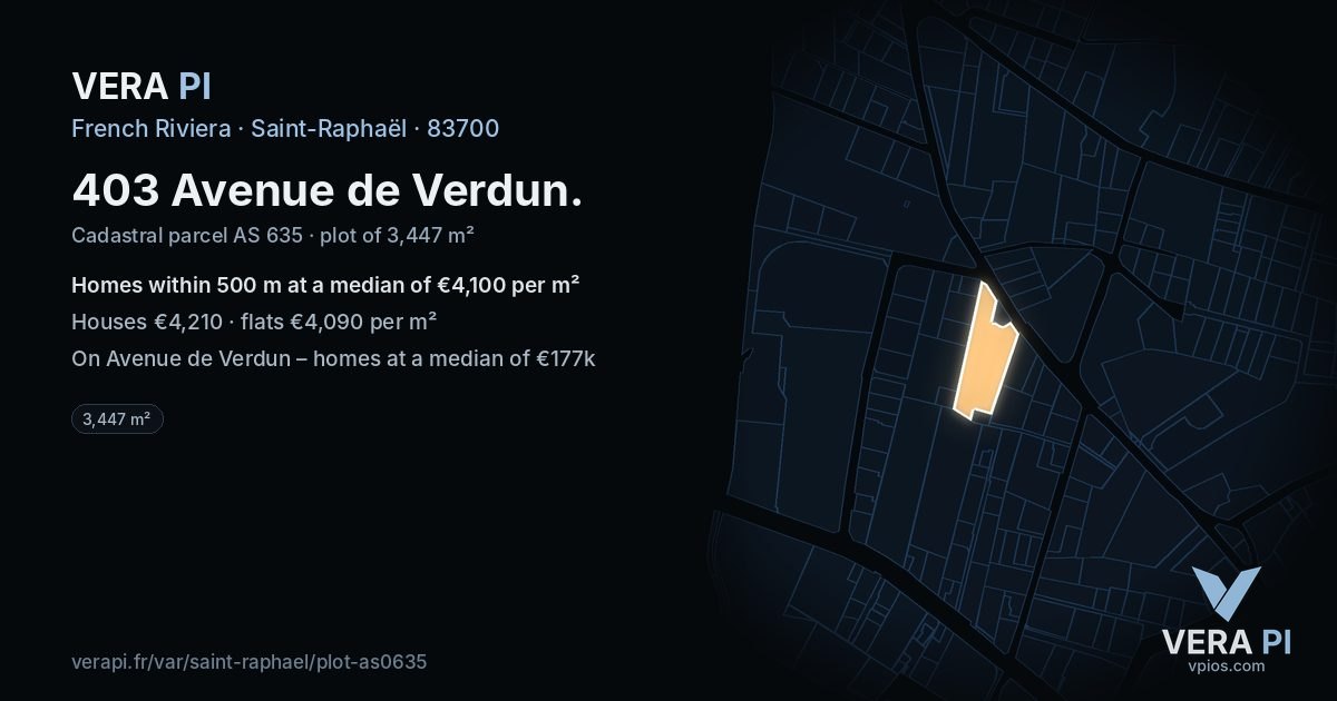403 Avenue de Verdun, Saint-Raphaël at night – the plot lit, the parcels around coloured by the prices near them