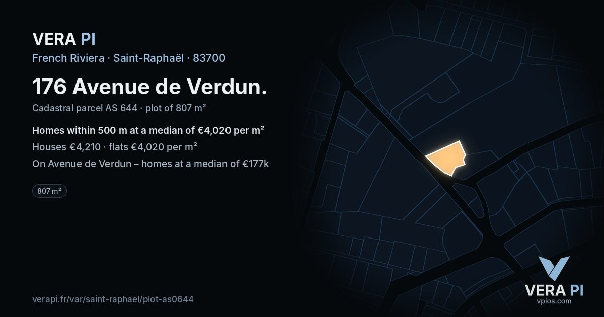 176 Avenue de Verdun, Saint-Raphaël at night – the plot lit, the parcels around coloured by the prices near them