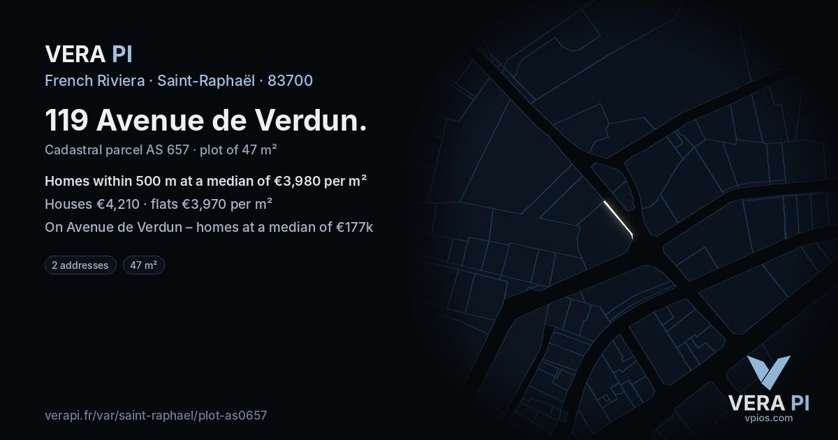 119 Avenue de Verdun, Saint-Raphaël at night – the plot lit, the parcels around coloured by the prices near them