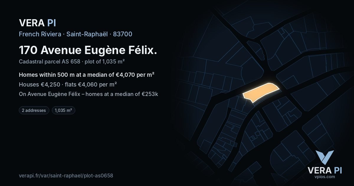 170 Avenue Eugène Félix, Saint-Raphaël at night – the plot lit, the parcels around coloured by the prices near them