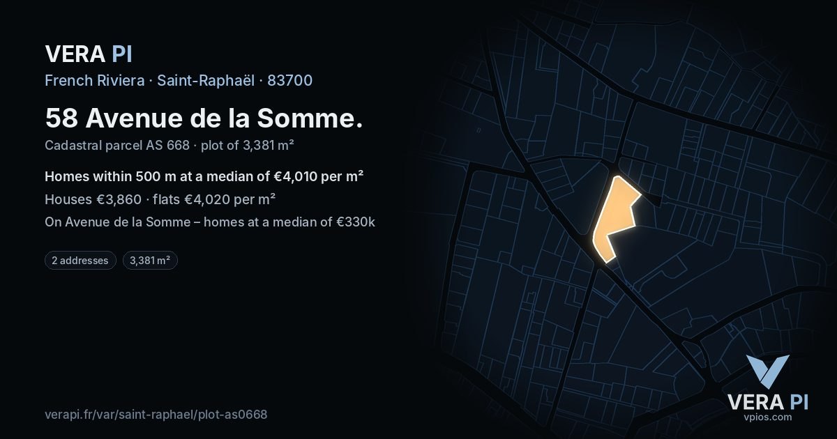 58 Avenue de la Somme, Saint-Raphaël at night – the plot lit, the parcels around coloured by the prices near them