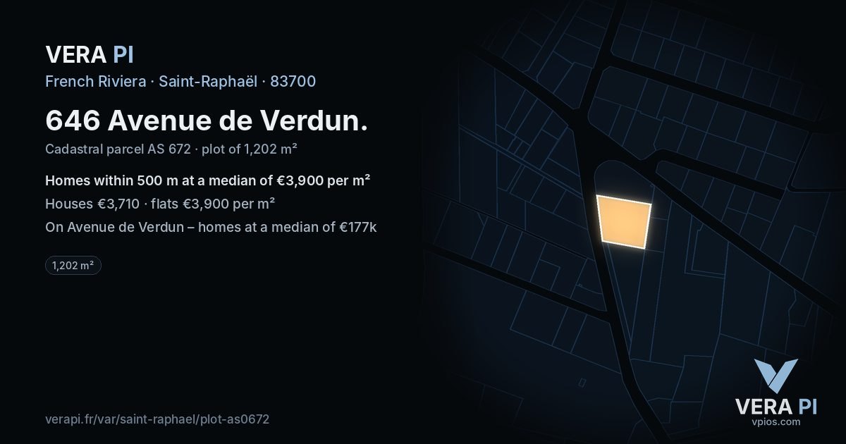 646 Avenue de Verdun, Saint-Raphaël at night – the plot lit, the parcels around coloured by the prices near them