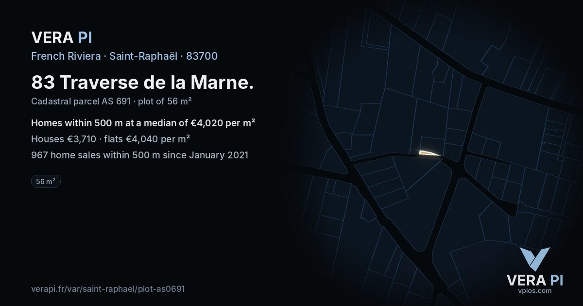 83 Traverse de la Marne, Saint-Raphaël at night – the plot lit, the parcels around coloured by the prices near them
