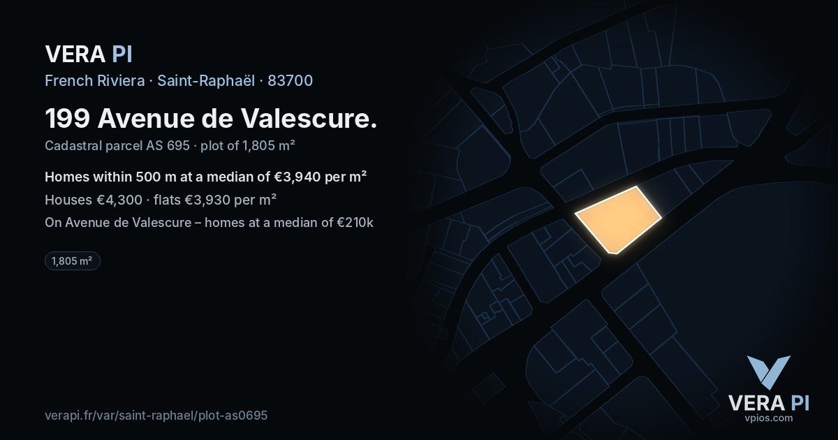 199 Avenue de Valescure, Saint-Raphaël at night – the plot lit, the parcels around coloured by the prices near them