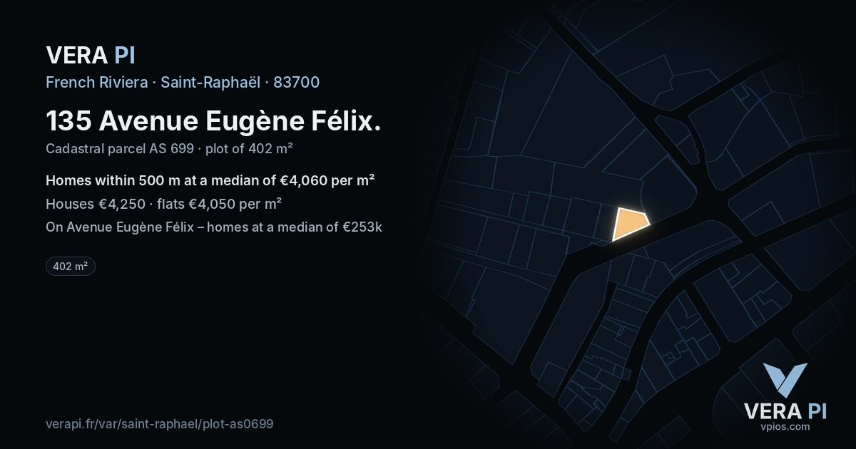 135 Avenue Eugène Félix, Saint-Raphaël at night – the plot lit, the parcels around coloured by the prices near them