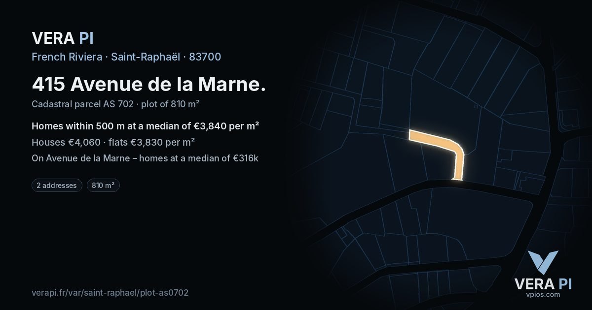415 Avenue de la Marne, Saint-Raphaël at night – the plot lit, the parcels around coloured by the prices near them