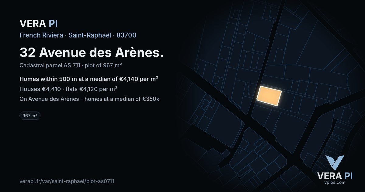 32 Avenue des Arènes, Saint-Raphaël at night – the plot lit, the parcels around coloured by the prices near them