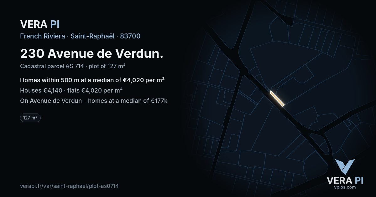 230 Avenue de Verdun, Saint-Raphaël at night – the plot lit, the parcels around coloured by the prices near them