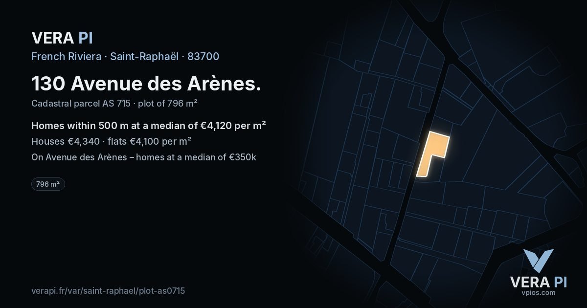130 Avenue des Arènes, Saint-Raphaël at night – the plot lit, the parcels around coloured by the prices near them