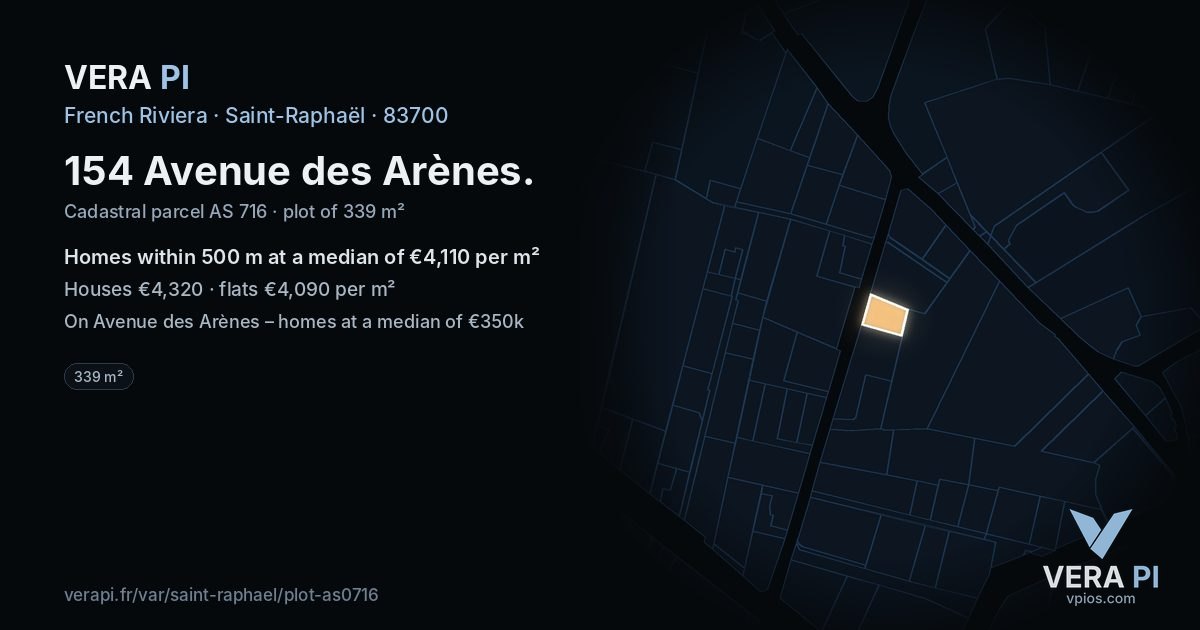 154 Avenue des Arènes, Saint-Raphaël at night – the plot lit, the parcels around coloured by the prices near them