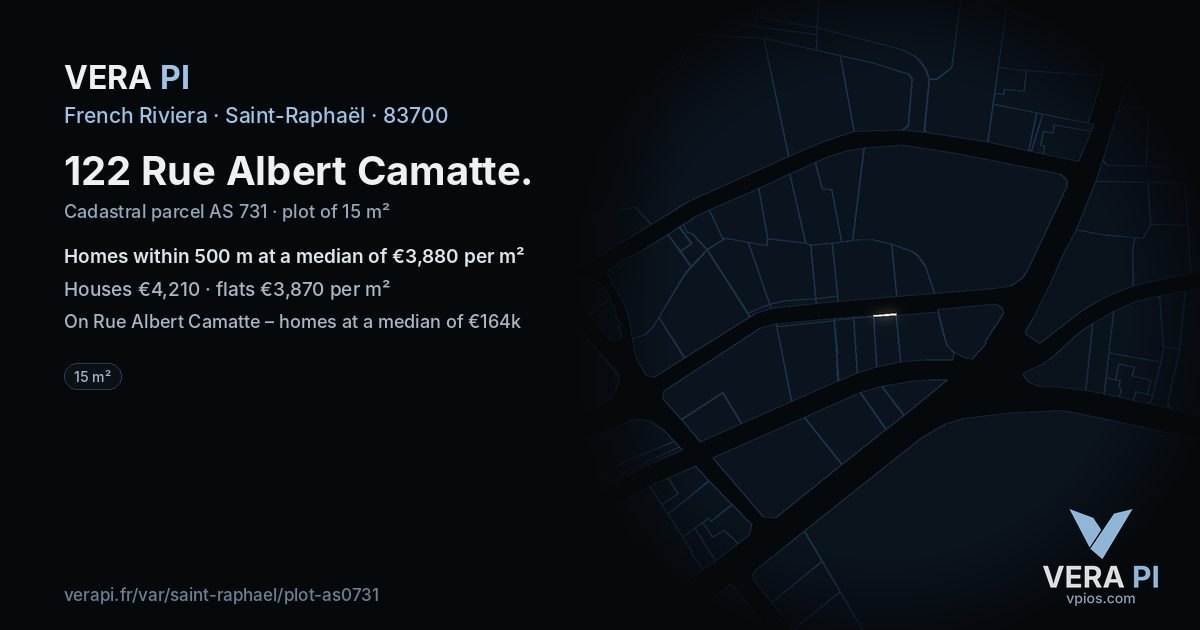 122 Rue Albert Camatte, Saint-Raphaël at night – the plot lit, the parcels around coloured by the prices near them