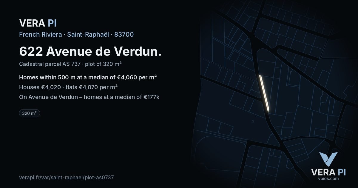 622 Avenue de Verdun, Saint-Raphaël at night – the plot lit, the parcels around coloured by the prices near them