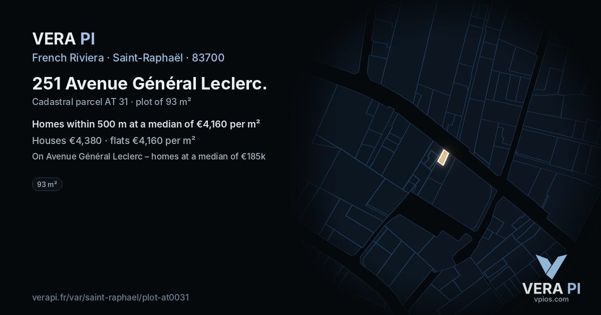 251 Avenue Général Leclerc, Saint-Raphaël at night – the plot lit, the parcels around coloured by the prices near them