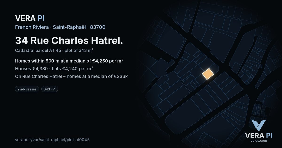 34 Rue Charles Hatrel, Saint-Raphaël at night – the plot lit, the parcels around coloured by the prices near them