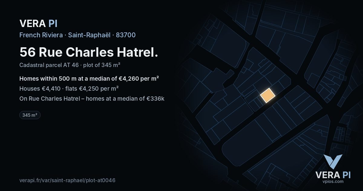 56 Rue Charles Hatrel, Saint-Raphaël at night – the plot lit, the parcels around coloured by the prices near them