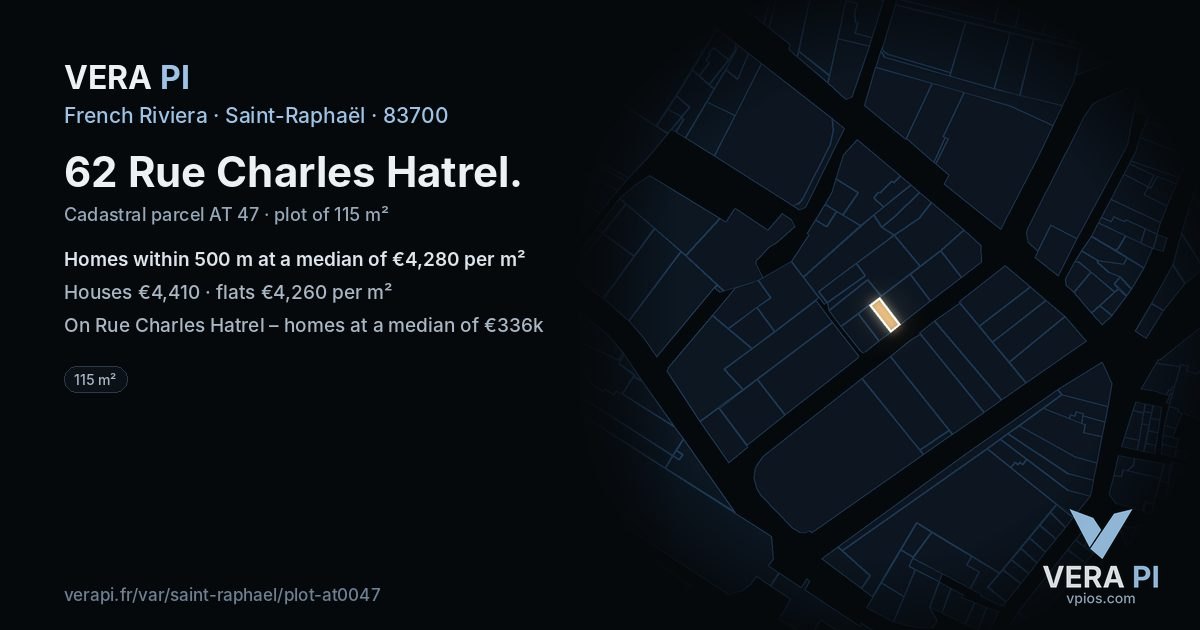 62 Rue Charles Hatrel, Saint-Raphaël at night – the plot lit, the parcels around coloured by the prices near them