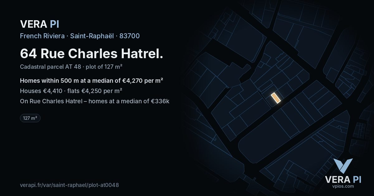 64 Rue Charles Hatrel, Saint-Raphaël at night – the plot lit, the parcels around coloured by the prices near them