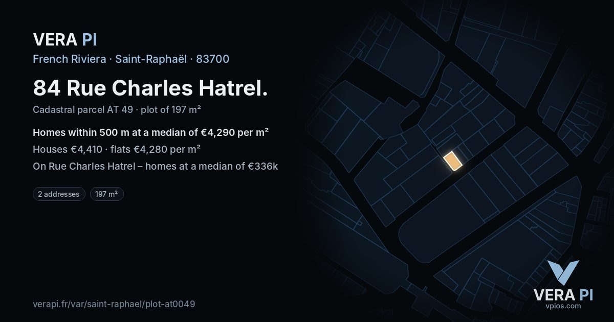 84 Rue Charles Hatrel, Saint-Raphaël at night – the plot lit, the parcels around coloured by the prices near them
