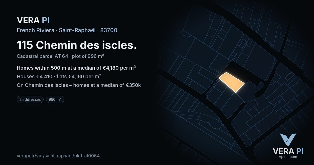 115 Chemin des iscles, Saint-Raphaël at night – the plot lit, the parcels around coloured by the prices near them