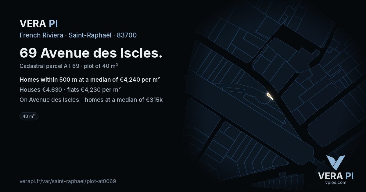 69 Avenue des Iscles, Saint-Raphaël at night – the plot lit, the parcels around coloured by the prices near them