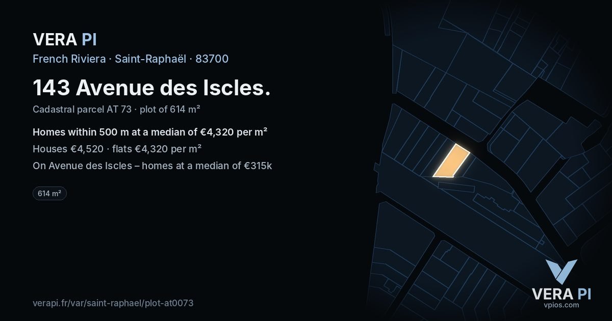 143 Avenue des Iscles, Saint-Raphaël at night – the plot lit, the parcels around coloured by the prices near them