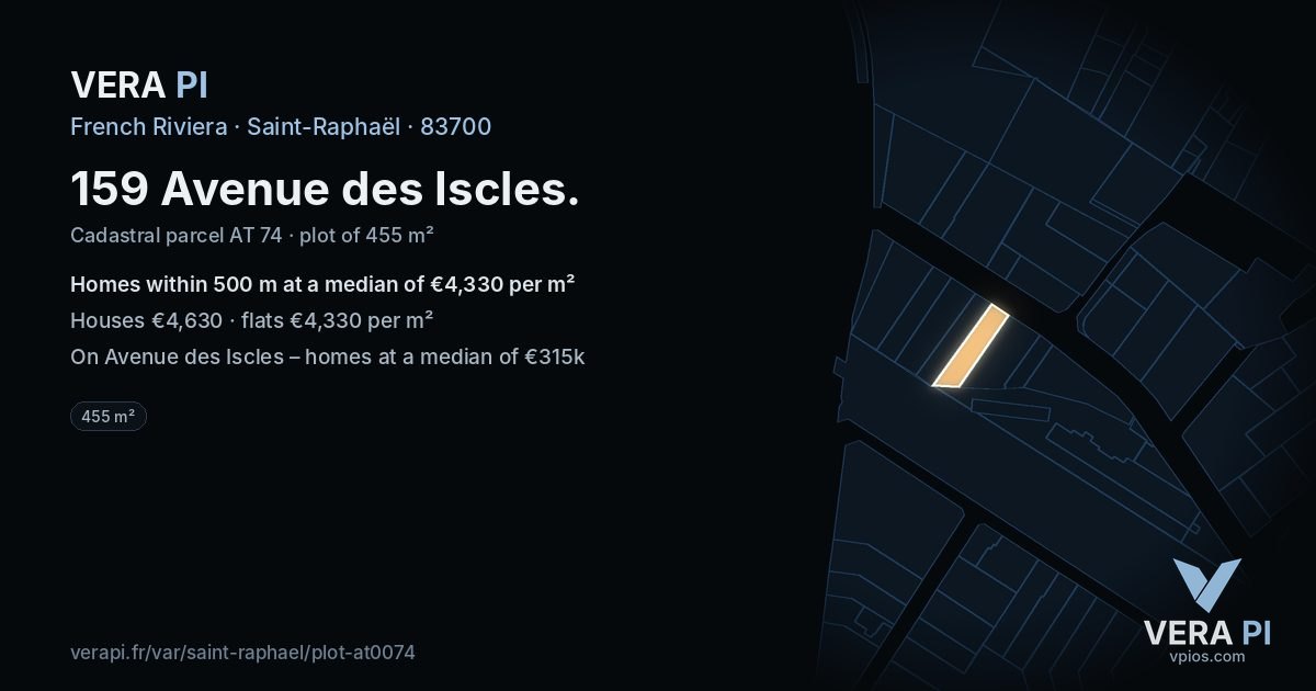 159 Avenue des Iscles, Saint-Raphaël at night – the plot lit, the parcels around coloured by the prices near them