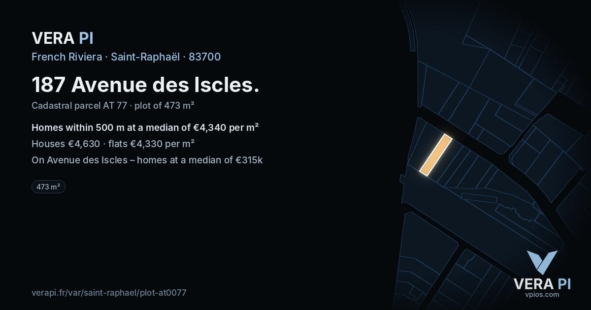 187 Avenue des Iscles, Saint-Raphaël at night – the plot lit, the parcels around coloured by the prices near them