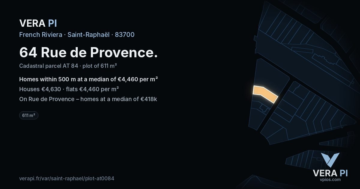 64 Rue de Provence, Saint-Raphaël at night – the plot lit, the parcels around coloured by the prices near them