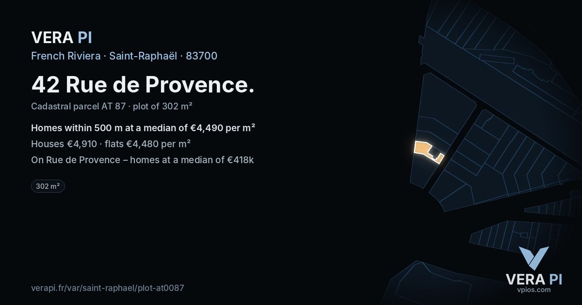 42 Rue de Provence, Saint-Raphaël at night – the plot lit, the parcels around coloured by the prices near them