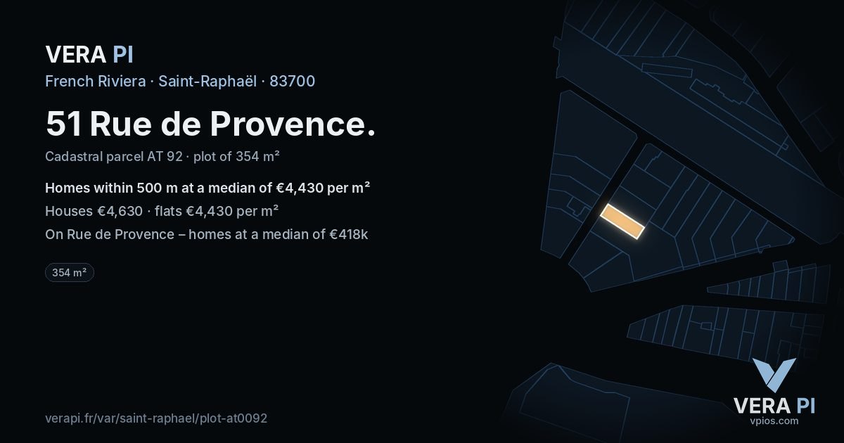51 Rue de Provence, Saint-Raphaël at night – the plot lit, the parcels around coloured by the prices near them