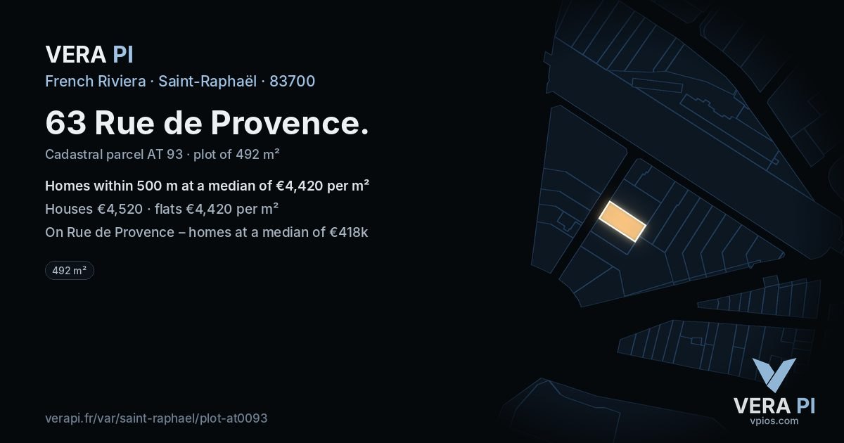 63 Rue de Provence, Saint-Raphaël at night – the plot lit, the parcels around coloured by the prices near them