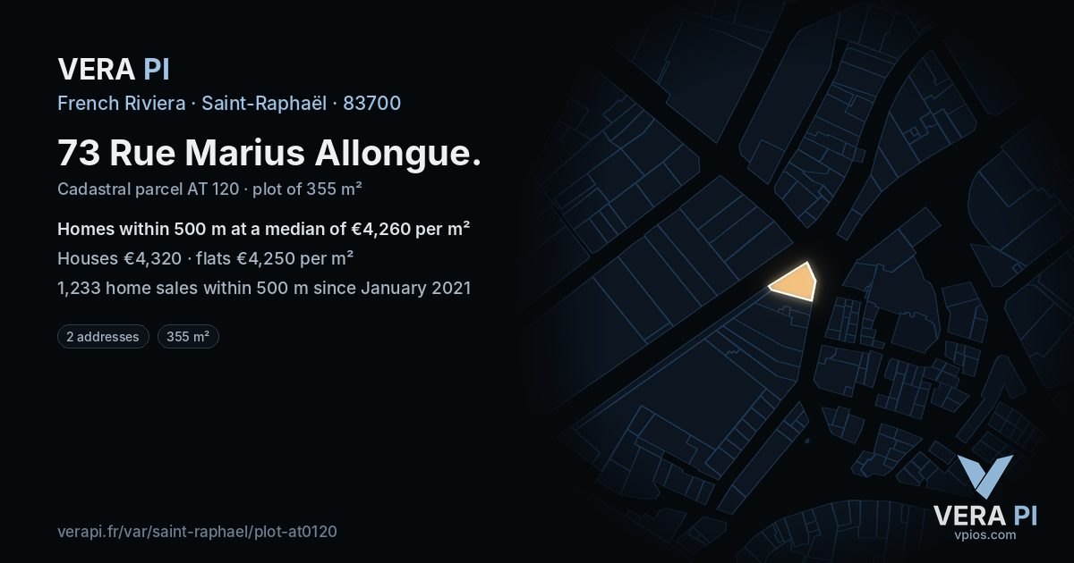 73 Rue Marius Allongue, Saint-Raphaël at night – the plot lit, the parcels around coloured by the prices near them