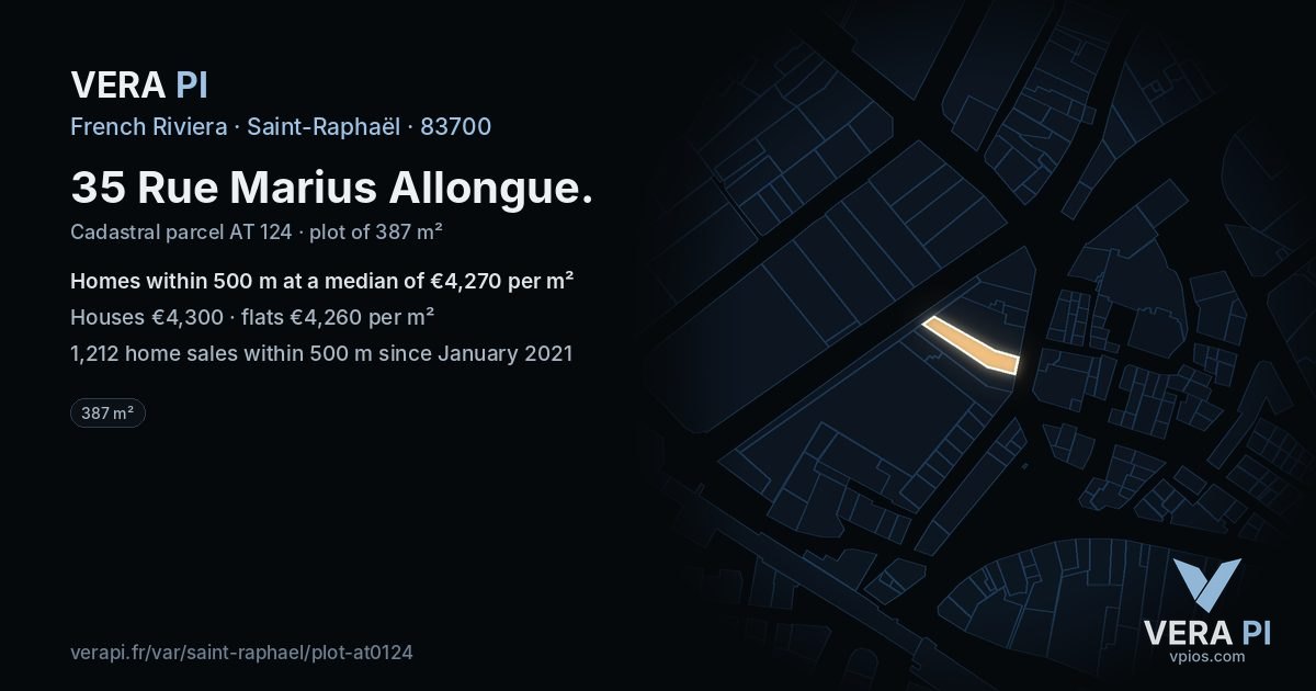 35 Rue Marius Allongue, Saint-Raphaël at night – the plot lit, the parcels around coloured by the prices near them