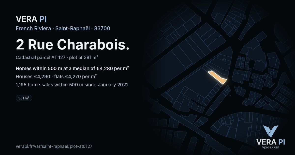 2 Rue Charabois, Saint-Raphaël at night – the plot lit, the parcels around coloured by the prices near them