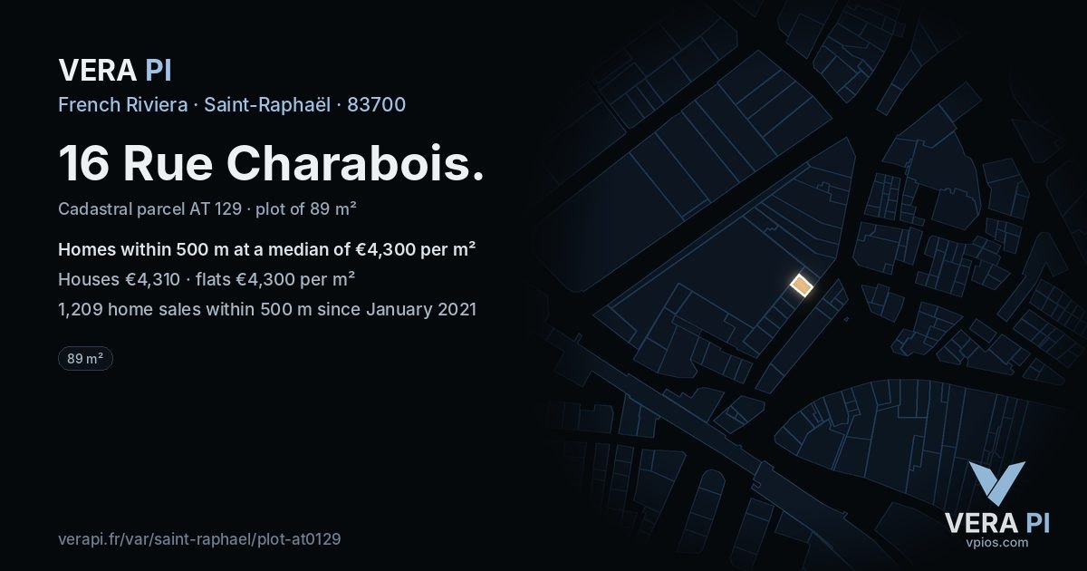 16 Rue Charabois, Saint-Raphaël at night – the plot lit, the parcels around coloured by the prices near them
